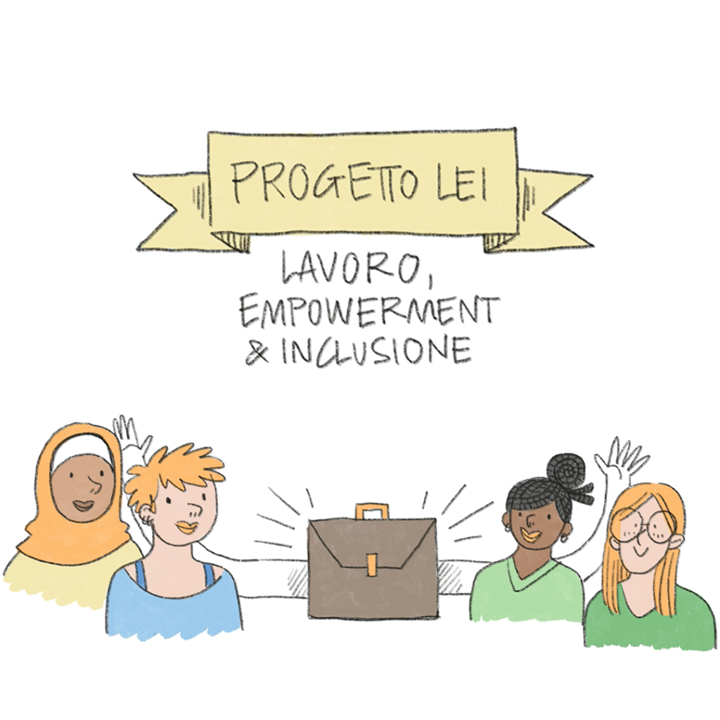 illustrazione con 4 donne e la scritta: Progetto LEI lavoro, empowerment & inclusione